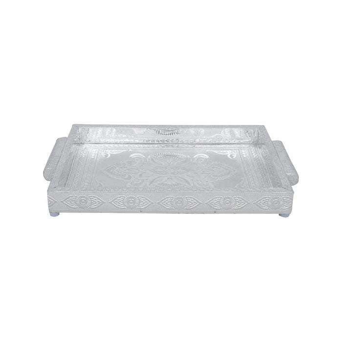 Decorative Tray - 1.5 x 12 x 8 Inches | Wooden Serving Tray/ Silver Polish Serving Plate for Pooja