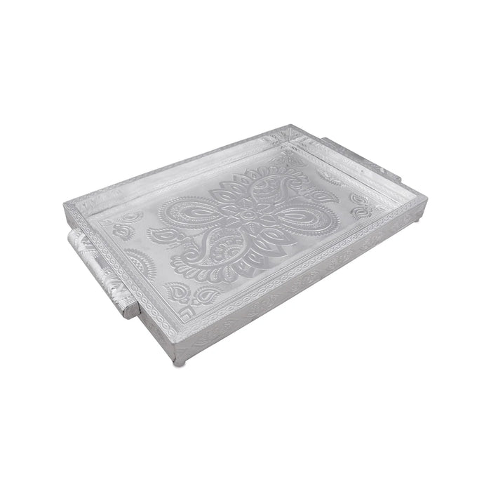 Decorative Tray - 1.5 x 16 x 11 Inches | Wooden Serving Tray/ Silver Polish Serving Plate for Pooja