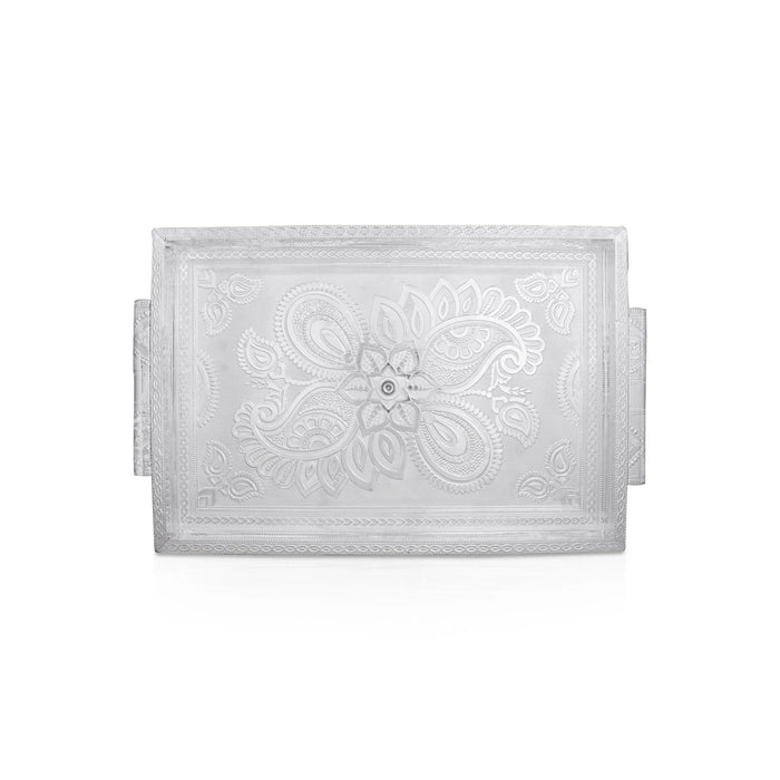 Decorative Tray - 1.5 x 16 x 11 Inches | Wooden Serving Tray/ Silver Polish Serving Plate for Pooja