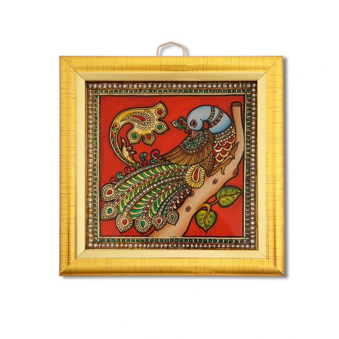 Peacock Photo Frame - 5 x 5 Inches | Tanjore Glass Painting Picture Frame for Home Décor