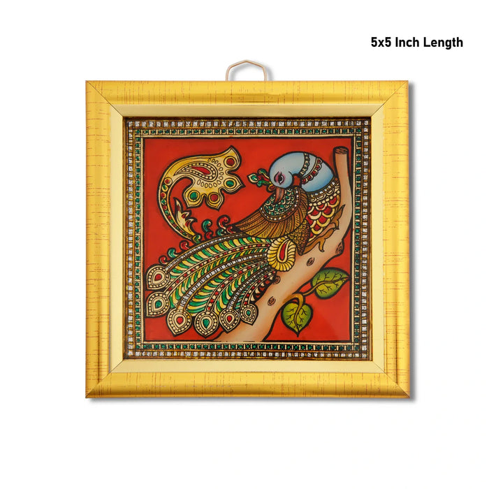 Peacock Photo Frame - 5 x 5 Inches | Tanjore Glass Painting Picture Frame for Home Décor