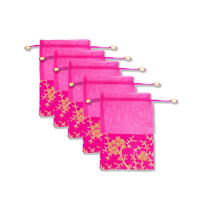 Thambulam Bag Set - 9.5 x 6.5 Inches | 5 Pcs/ Embroidery Potli Bag/ Return Gift Bag for Women/ Assorted Colour