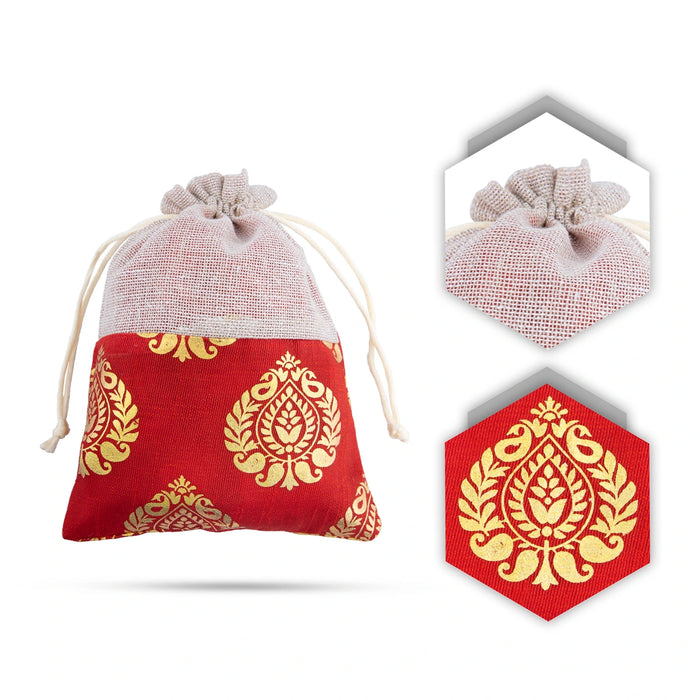 Thamboolam Bag Set - 7 x 5 Inches | 5 Pcs/ Jari With Jute Design Tambula Bag / Potli Bag for Wedding