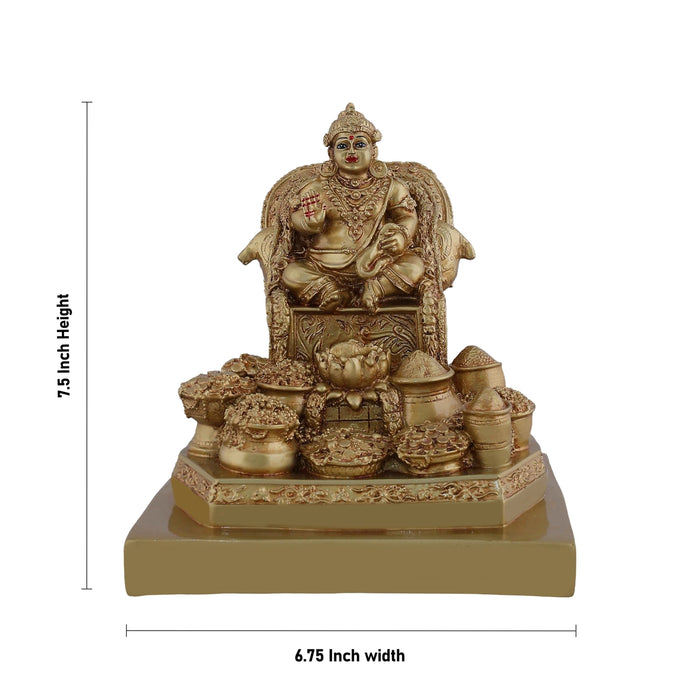 Kubera Sitting On Base Murti - 7.5 x 6.75 Inches | Gold Polish Resin Idol/ Kuberan Statue For pooja