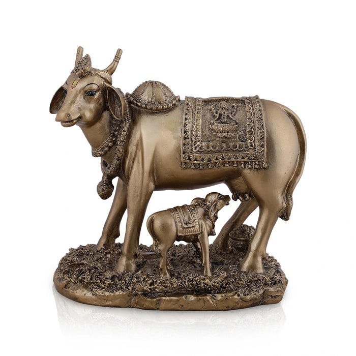 Cow and Calf Statue - 3 x 5 Inches | Gold Polish Resin Idol/ Kamadhenu Figurine For Home Decor