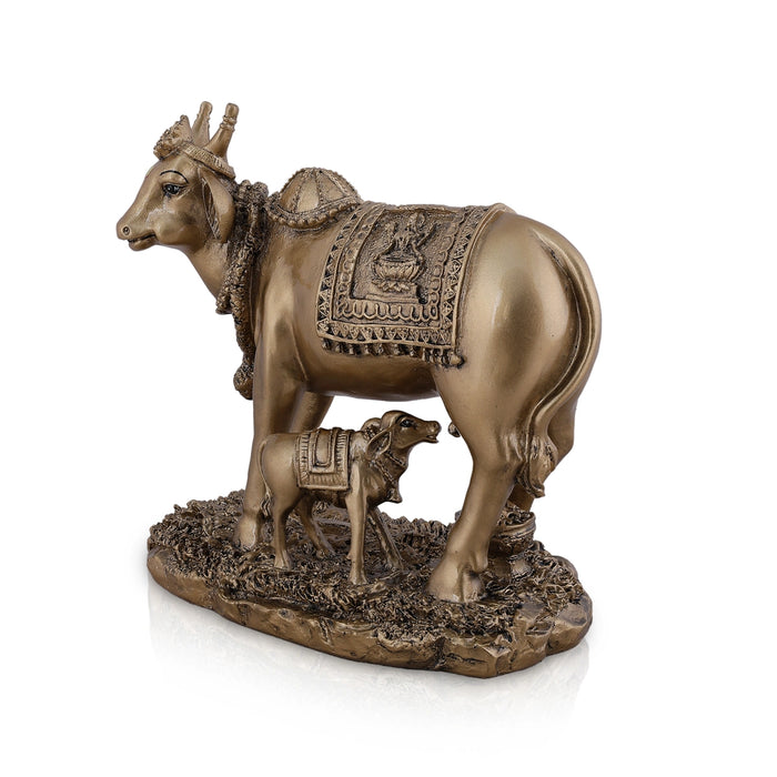 Cow and Calf Statue - 3 x 5 Inches | Gold Polish Resin Idol/ Kamadhenu Figurine For Home Decor