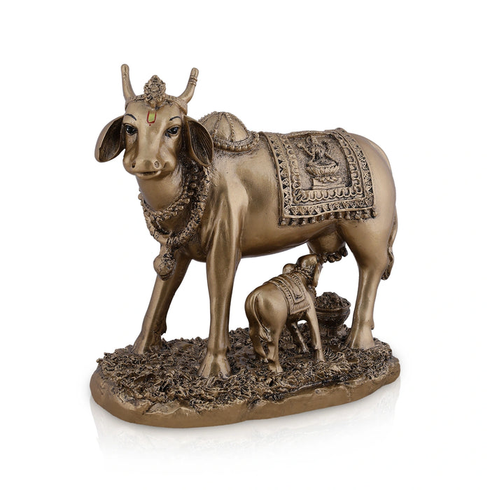 Cow and Calf Statue - 3 x 5 Inches | Gold Polish Resin Idol/ Kamadhenu Figurine For Home Decor