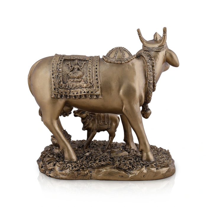 Cow and Calf Statue - 3 x 5 Inches | Gold Polish Resin Idol/ Kamadhenu Figurine For Home Decor