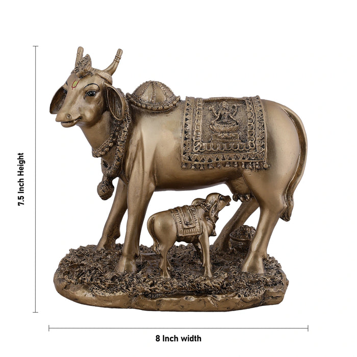 Cow and Calf Statue - 3 x 5 Inches | Gold Polish Resin Idol/ Kamadhenu Figurine For Home Decor