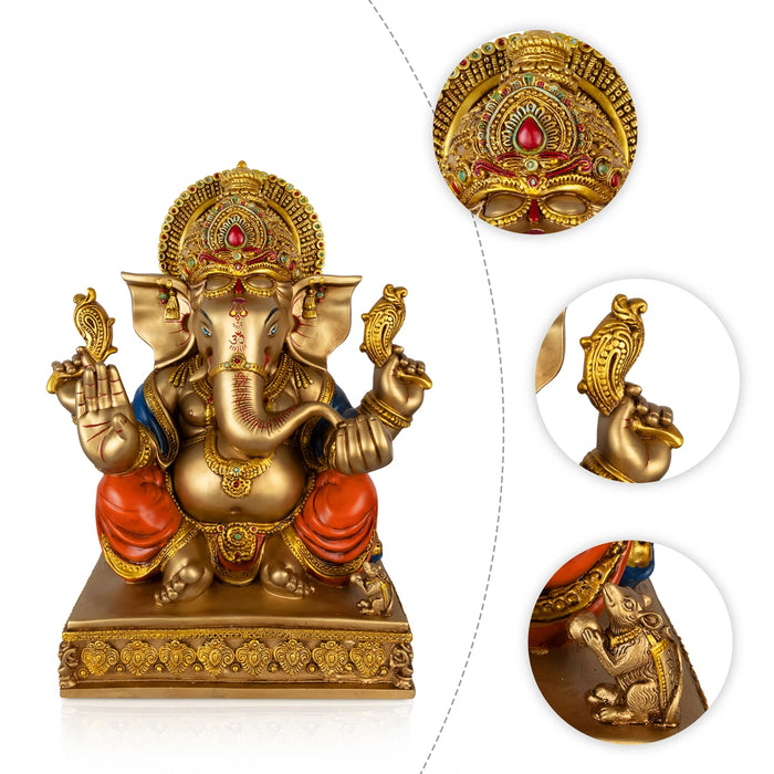 Ganesha Sitting On Base Statue - 8 x 5.5 Inches | Resin Idol/ Vinayagar Statue for Pooja Space