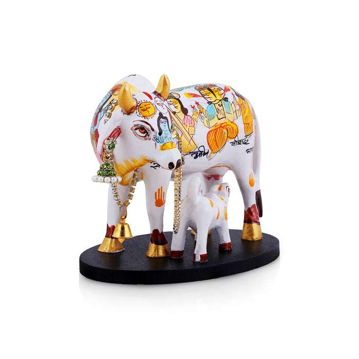Cow & Calf Idol With Base - 4 x 5.5 Inches | Resin Idol/ Kamadhenu Statue for Pooja