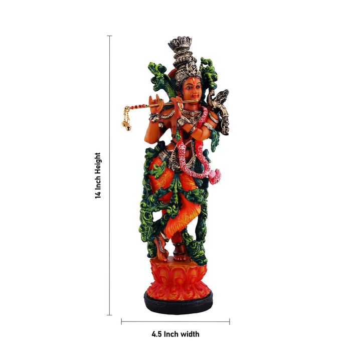 Krishna Standing On Base Idol - 14 x 4.5 Inches | Fiber Colour Murti/ Lord krishna Statue For Festive Decor
