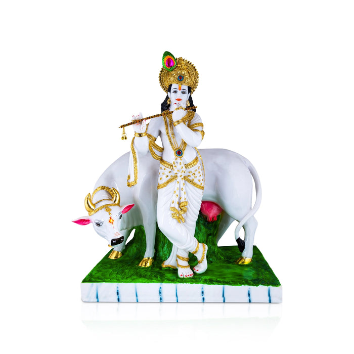 Cow Krishna Murti Standing On Base - 26 x 20 Inches | Resin Statue/ Cow Krishna Idol for Pooja