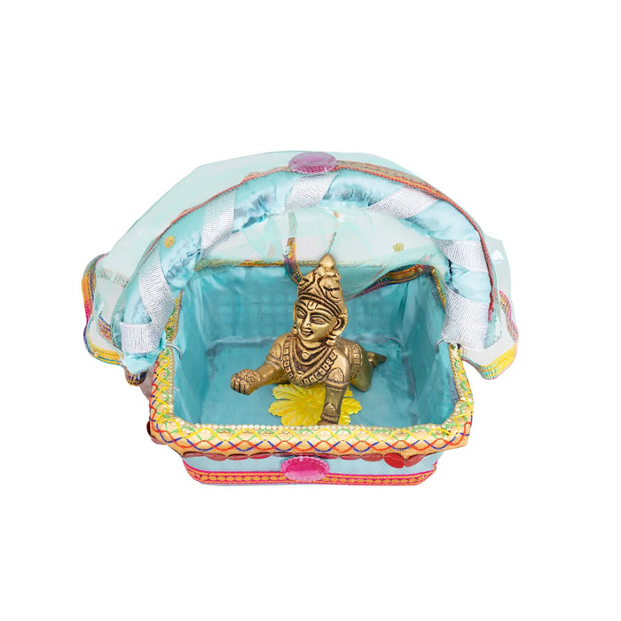 Lord Krishna Carry Basket with Handle - 6 x 6 Inches | Tokri Basket for Laddu Gopal