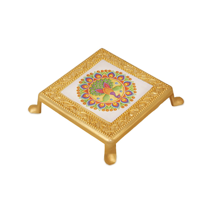 Bajot With Base - 4 x 4 Inches | Manai Palagai/ Plastic Pooja Chowki/ Peacock Design Patla For Deity