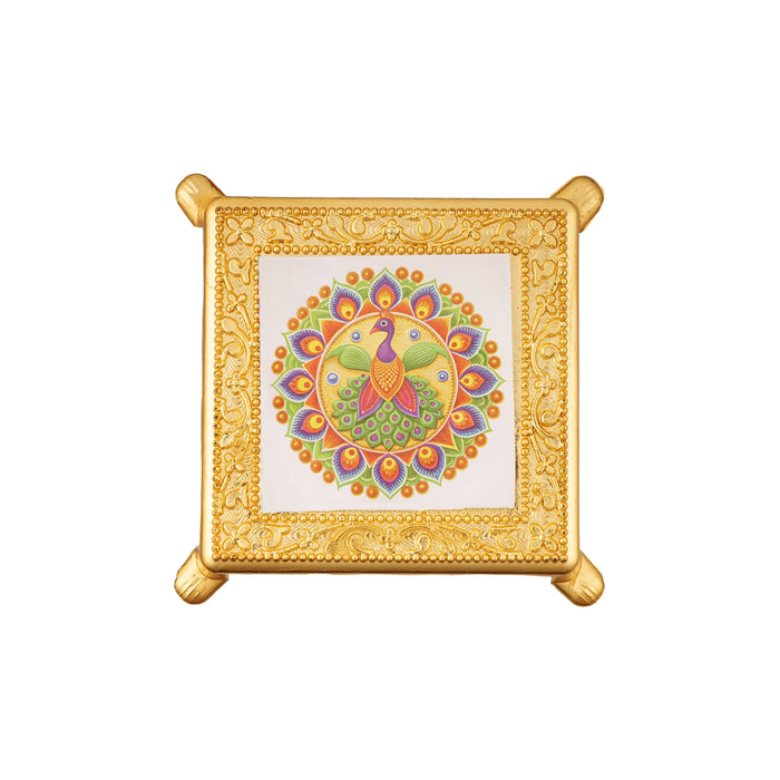 Bajot With Base - 4 x 4 Inches | Manai Palagai/ Plastic Pooja Chowki/ Peacock Design Patla For Deity