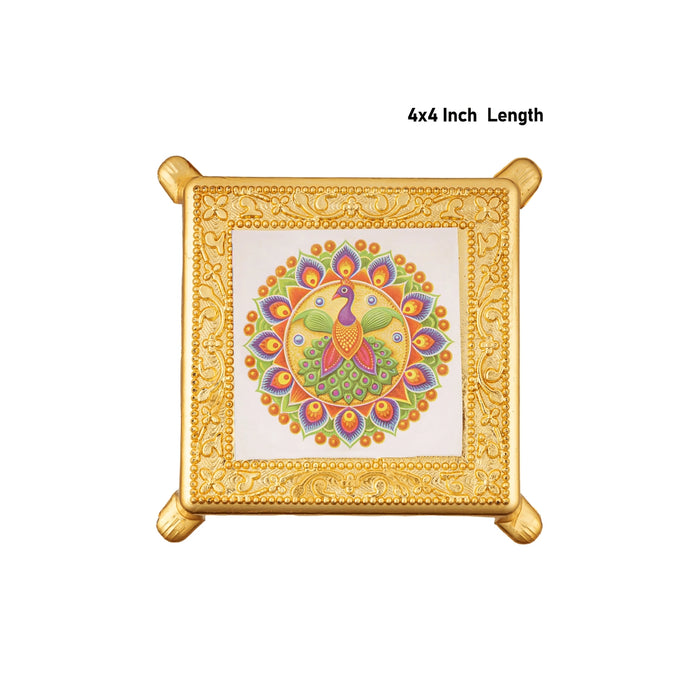 Bajot With Base - 4 x 4 Inches | Manai Palagai/ Plastic Pooja Chowki/ Peacock Design Patla For Deity
