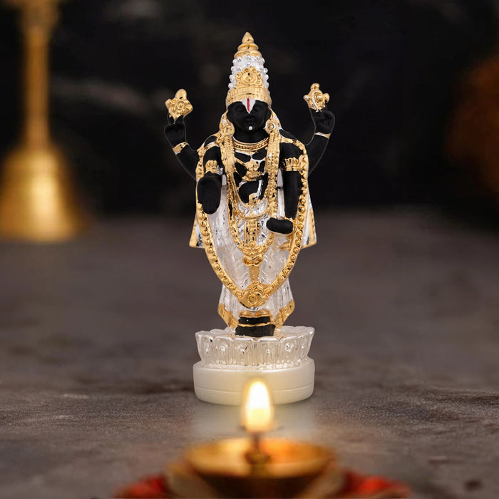 Vishnu Murti Standing On Lotus - 5 x 2.25 Inches | Silver Polish Venkateswara Swamy Idol/ Resin Statue for Pooja