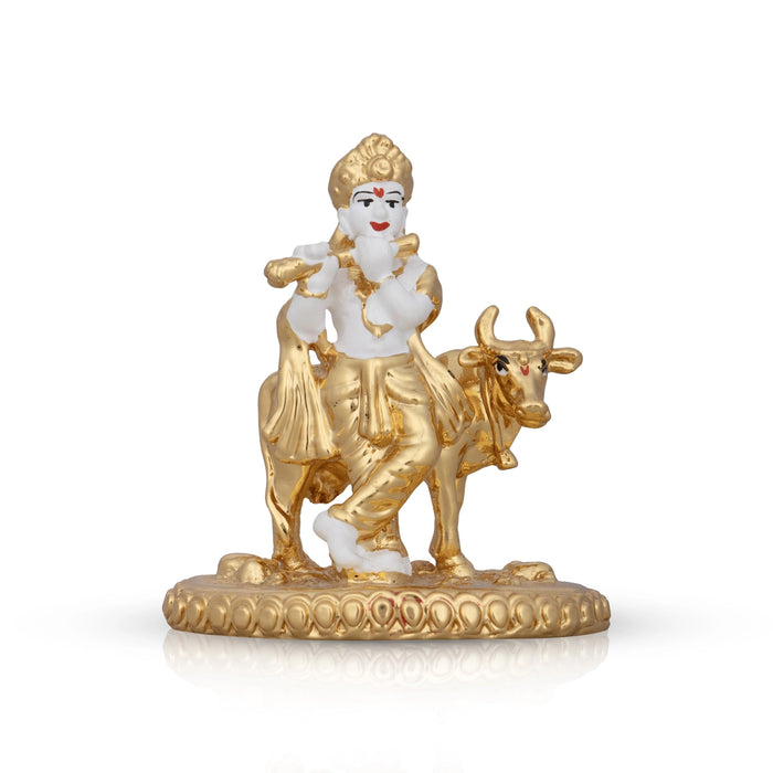 Krishna Murti With Cow - 3 x 2.5 Inches | Ceramic Sculpture/ Standing Krishna Idol for Pooja