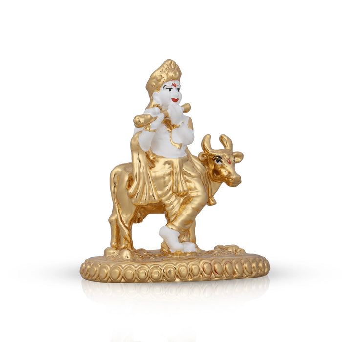 Krishna Murti With Cow - 3 x 2.5 Inches | Ceramic Sculpture/ Standing Krishna Idol for Pooja