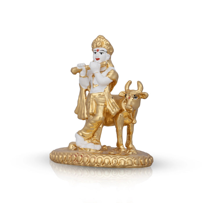 Krishna Murti With Cow - 3 x 2.5 Inches | Ceramic Sculpture/ Standing Krishna Idol for Pooja