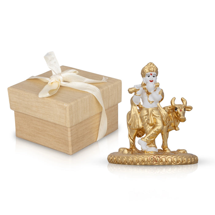 Krishna Murti With Cow - 3 x 2.5 Inches | Ceramic Sculpture/ Standing Krishna Idol for Pooja