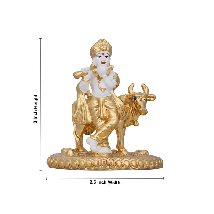 Krishna Murti With Cow - 3 x 2.5 Inches | Ceramic Sculpture/ Standing Krishna Idol for Pooja