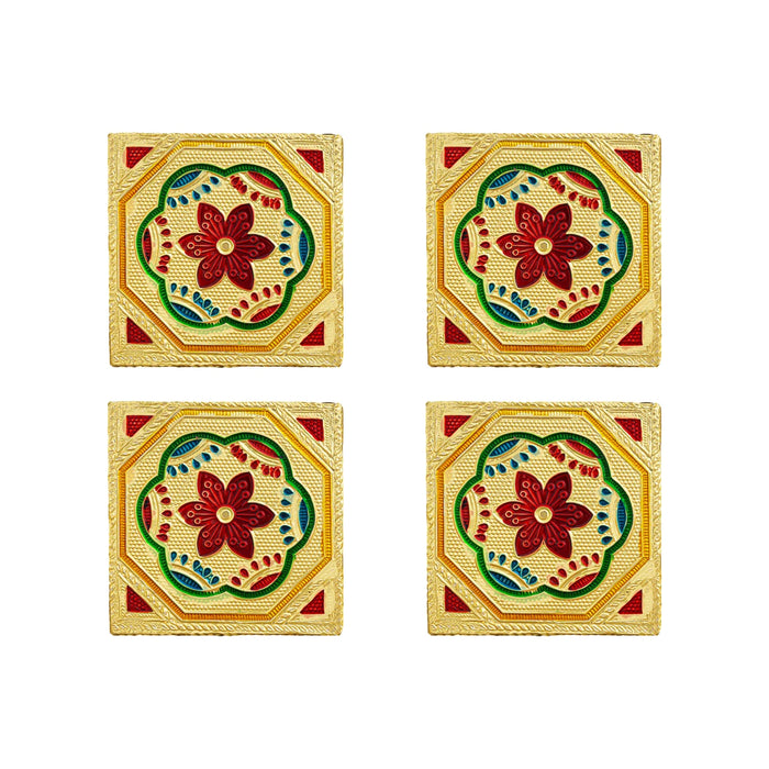 Patla With Stand - 3 x 3 inches | 4 Pcs / Flower Design Bajot/ Gold Polish Manai Palagai for Home
