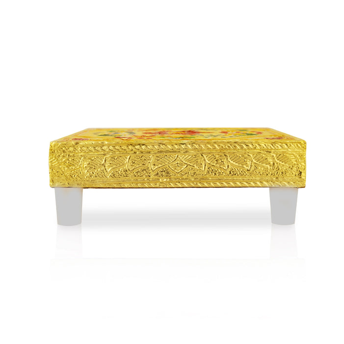 Bajot With Base - 4 x 4 Inches | Manai Palagai/ Gold Polish Pooja Chowki/ Flower Design Patla For Deity