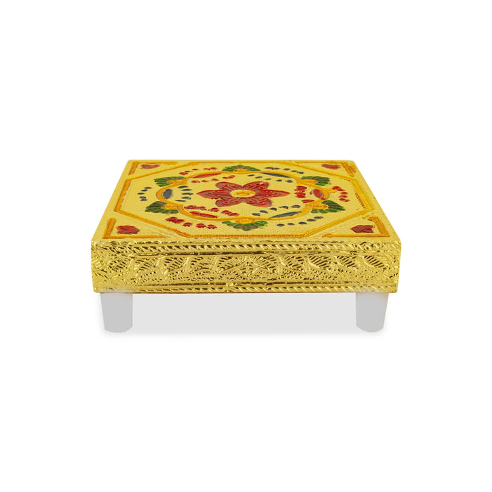 Bajot With Base - 4 x 4 Inches | Manai Palagai/ Gold Polish Pooja Chowki/ Flower Design Patla For Deity