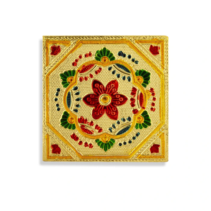 Bajot With Base - 4 x 4 Inches | Manai Palagai/ Gold Polish Pooja Chowki/ Flower Design Patla For Deity