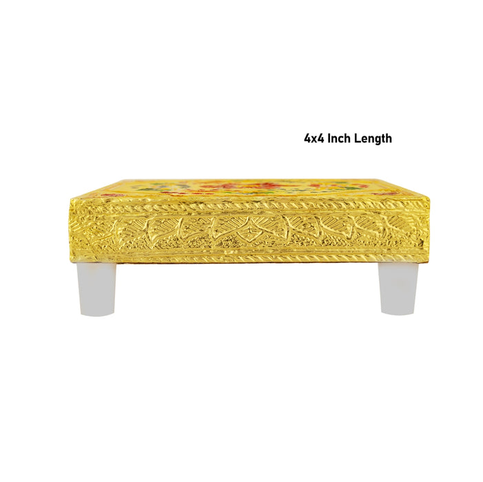 Bajot With Base - 4 x 4 Inches | Manai Palagai/ Gold Polish Pooja Chowki/ Flower Design Patla For Deity