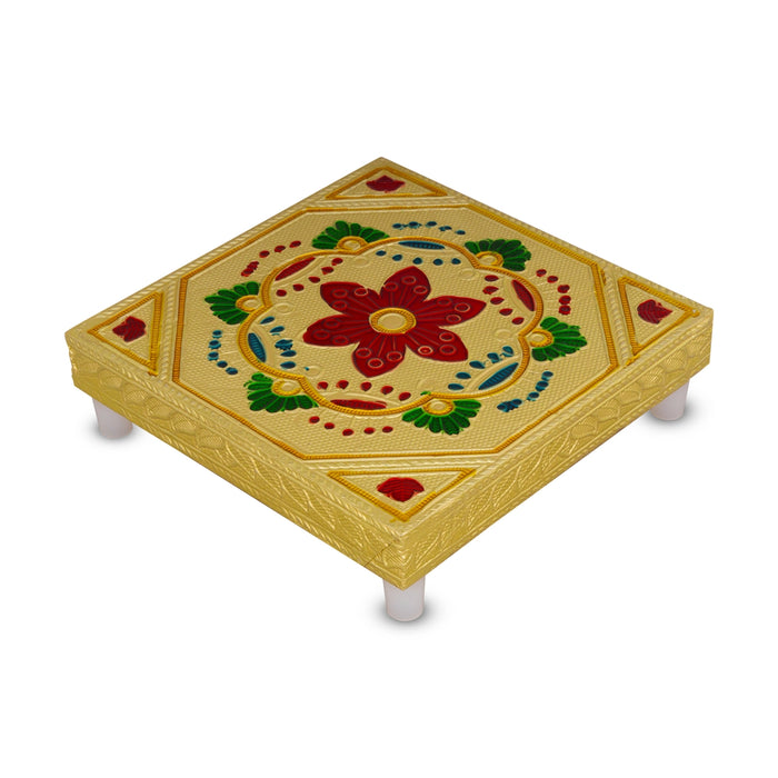Chowki With Base - 5 x 5 Inches | Gold Polish Bajot / Flower Design Patla / Manai Palagai For Pooja