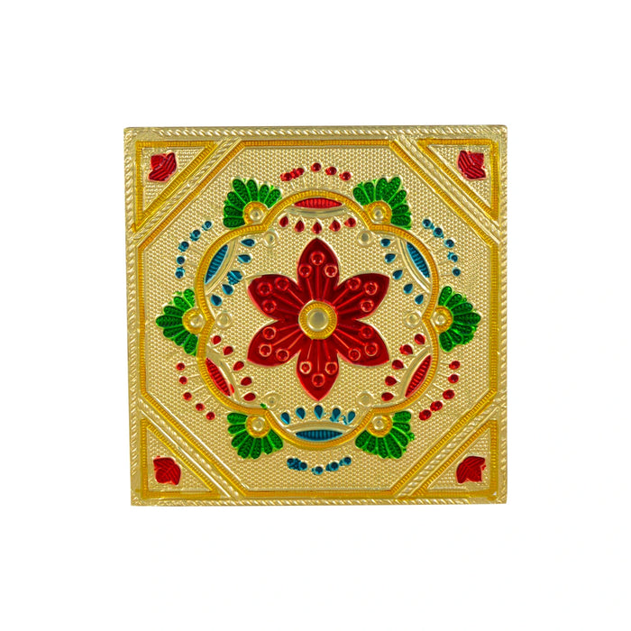 Chowki With Base - 5 x 5 Inches | Gold Polish Bajot / Flower Design Patla / Manai Palagai For Pooja