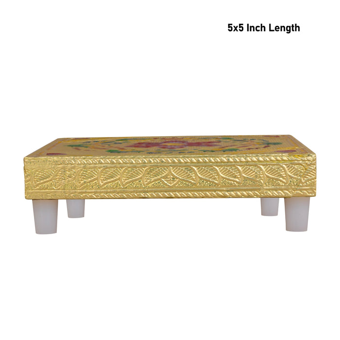 Chowki With Base - 5 x 5 Inches | Gold Polish Bajot / Flower Design Patla / Manai Palagai For Pooja
