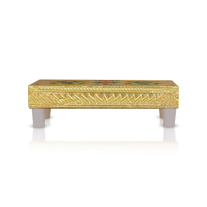 Chowki With Base - 3 X 5 Inches | Gold Polish Bajot/ Kalash & Flower Design Patla/ Manai Palagai For Deity Decor