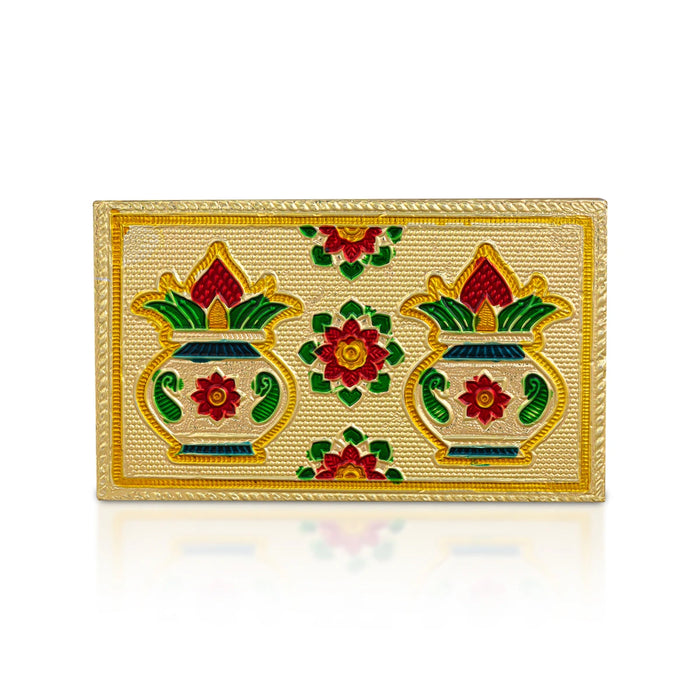 Chowki With Base - 3 X 5 Inches | Gold Polish Bajot/ Kalash & Flower Design Patla/ Manai Palagai For Deity Decor