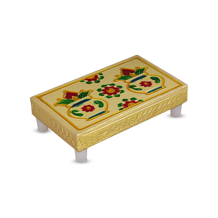 Chowki With Base - 3 X 5 Inches | Gold Polish Bajot/ Kalash & Flower Design Patla/ Manai Palagai For Deity Decor