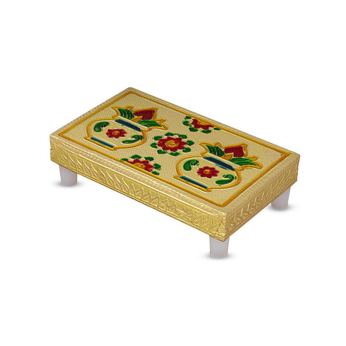 Chowki With Base - 3 X 5 Inches | Gold Polish Bajot/ Kalash & Flower Design Patla/ Manai Palagai For Deity Decor