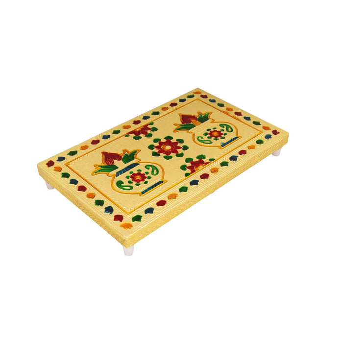 Chowki With Base - 1.25 X 6 X 10 Inches | Kalash & Flower Design Patla/ Gold Polish Bajot/ Manai Palagai