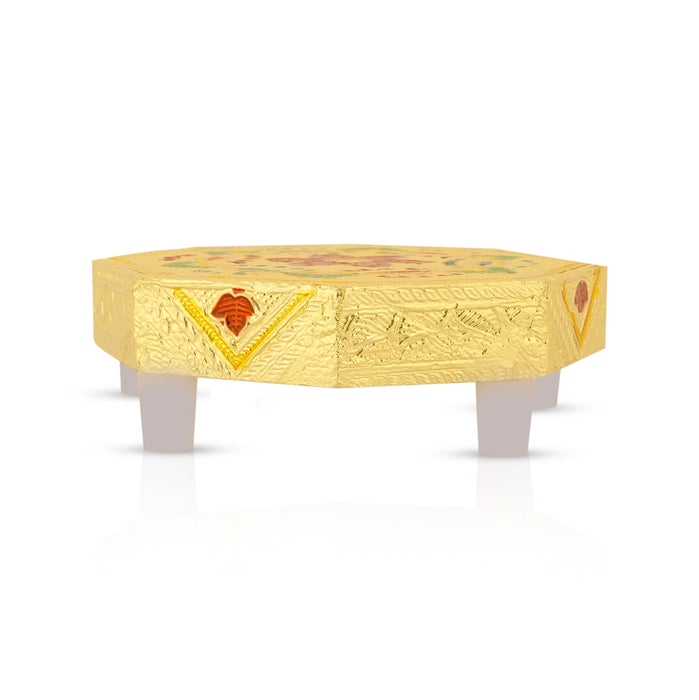 Bajot With Stand - 4 x 4 Inches | Pooja Chowki/ Gold Polish Patla/ Flower Design Manai Palagai For Deity