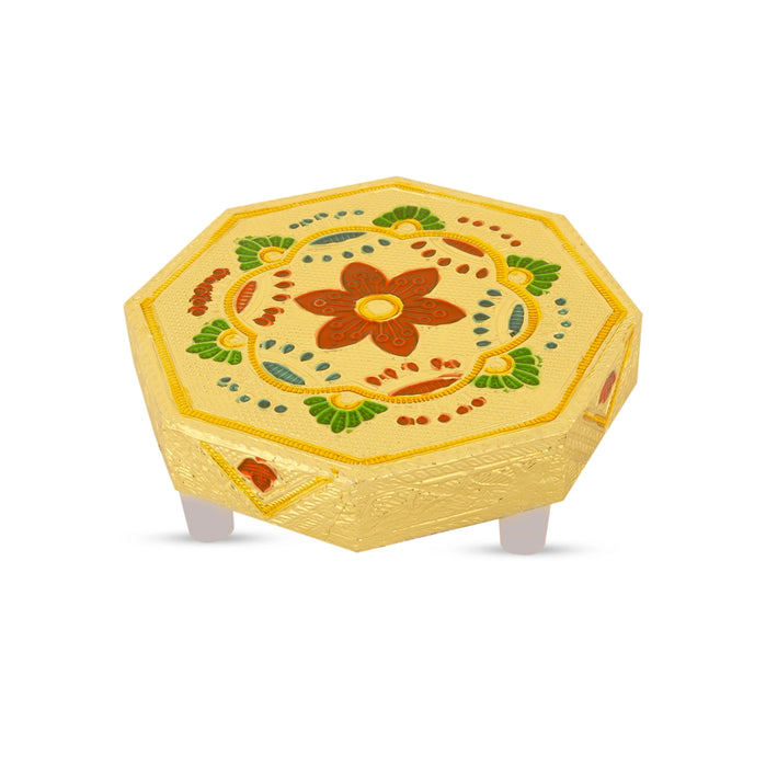 Bajot With Stand - 4 x 4 Inches | Pooja Chowki/ Gold Polish Patla/ Flower Design Manai Palagai For Deity