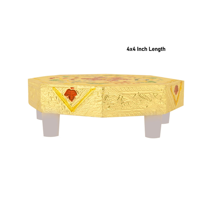 Bajot With Stand - 4 x 4 Inches | Pooja Chowki/ Gold Polish Patla/ Flower Design Manai Palagai For Deity