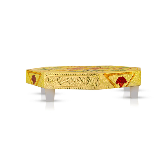 Pooja Chowki With Base - 6 x 6 Inches | Gold Polish Bajot/ Manai Palagai/ Flower Design Patla For Deity Decor