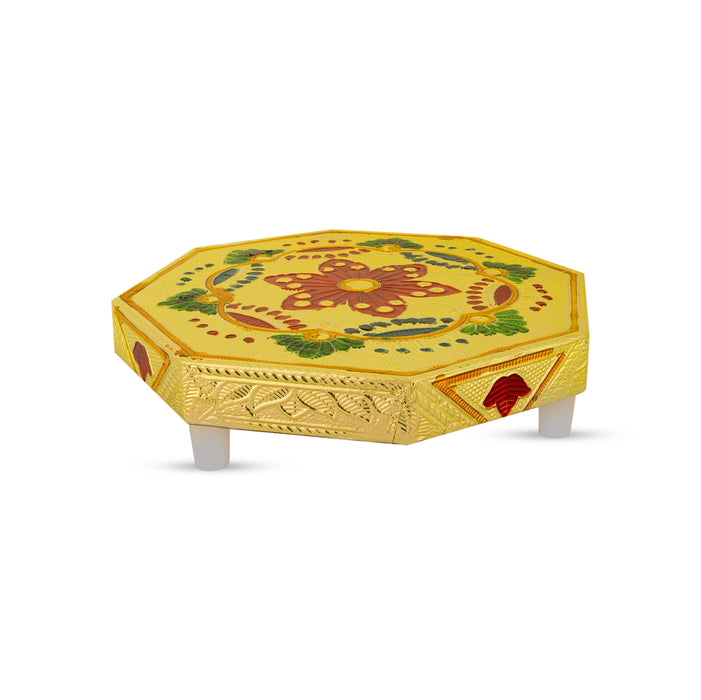 Pooja Chowki With Base - 6 x 6 Inches | Gold Polish Bajot/ Manai Palagai/ Flower Design Patla For Deity Decor