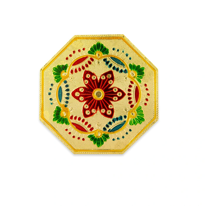 Pooja Chowki With Base - 6 x 6 Inches | Gold Polish Bajot/ Manai Palagai/ Flower Design Patla For Deity Decor