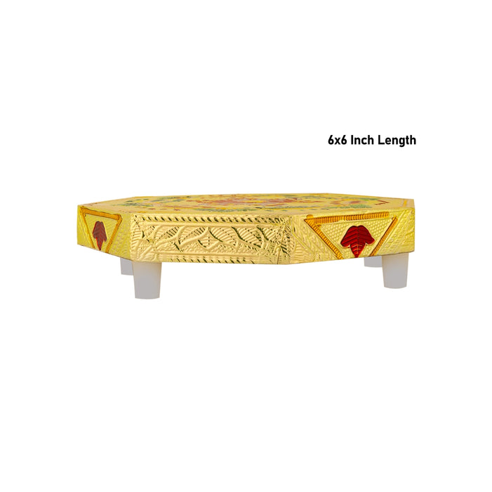 Pooja Chowki With Base - 6 x 6 Inches | Gold Polish Bajot/ Manai Palagai/ Flower Design Patla For Deity Decor