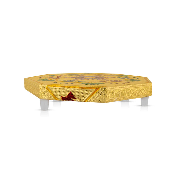 Pooja Chowki With Base - 1.25 X 8 X 8 Inches | Gold Polish Bajot/ Manai Palagai/ Flower Design Patla For Pooja