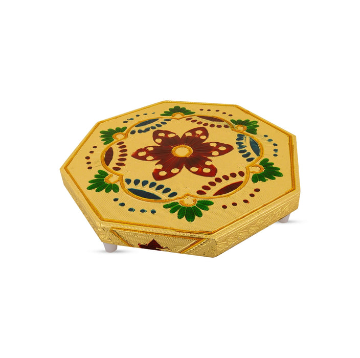 Pooja Chowki With Base - 1.25 X 8 X 8 Inches | Gold Polish Bajot/ Manai Palagai/ Flower Design Patla For Pooja