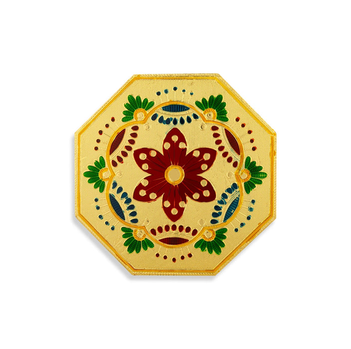 Pooja Chowki With Base - 1.25 X 8 X 8 Inches | Gold Polish Bajot/ Manai Palagai/ Flower Design Patla For Pooja
